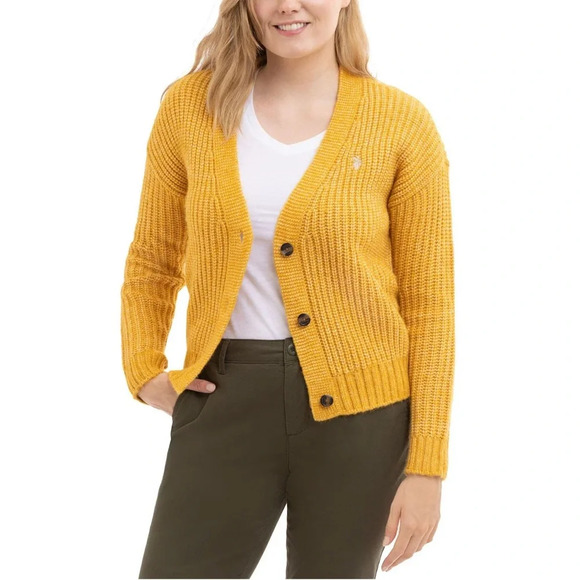 NWT U. S. Polo Assn Chunky Cozy Yellow Preppy Long Sleeve Cardigan Medium - Picture 2 of 15